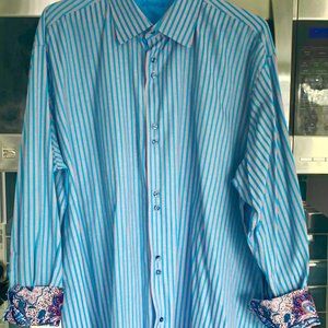 Visconti Big Tall 3XLB Turquoise Striped Gray Button-Down Contrast Pattern Cuffs